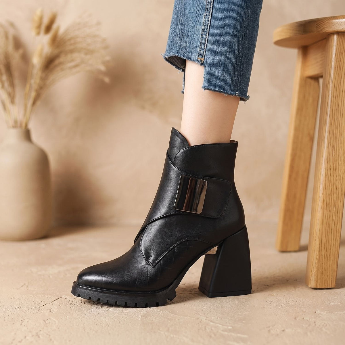Gilda | Women's Pointed Toe Block Heel Metal Strap Chunky Platform Ankle Boot