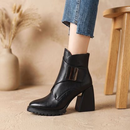 Gilda | Women's Pointed Toe Block Heel Metal Strap Chunky Platform Ankle Boot