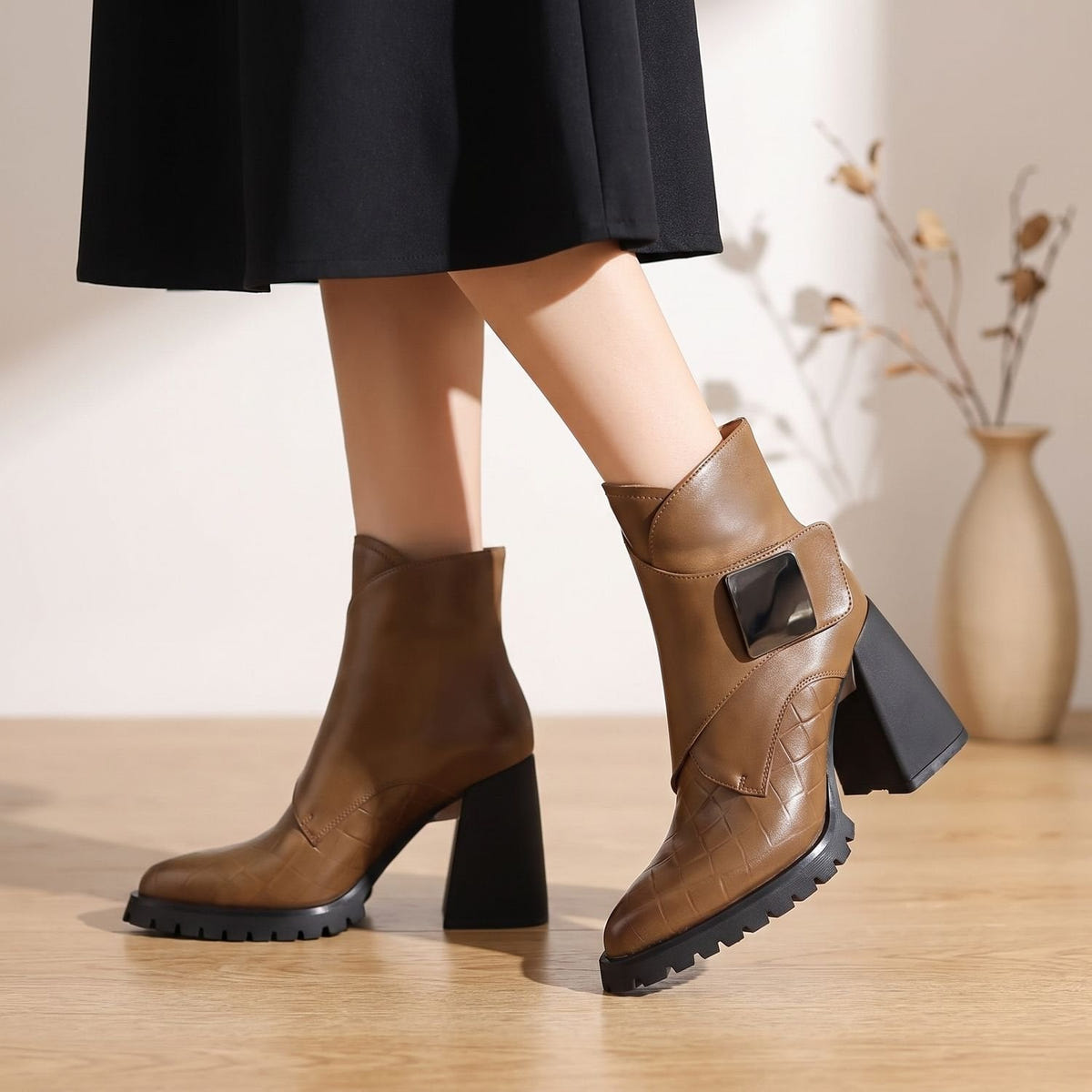 Gilda | Women's Pointed Toe Block Heel Metal Strap Chunky Platform Ankle Boot