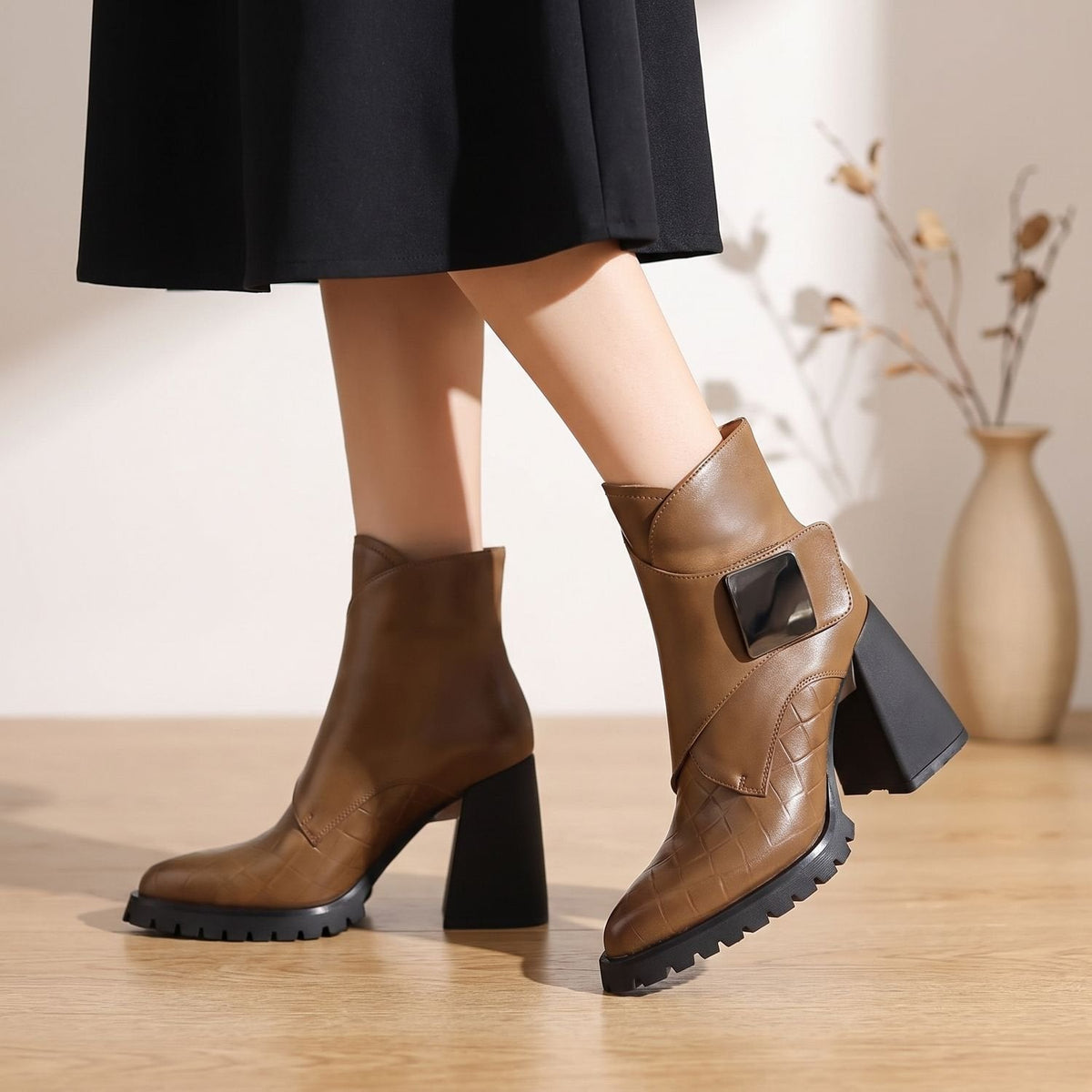 Gilda | Women's Pointed Toe Block Heel Metal Strap Chunky Platform Ankle Boot