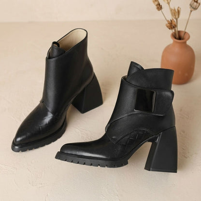 Gilda | Women's Pointed Toe Block Heel Metal Strap Chunky Platform Ankle Boot