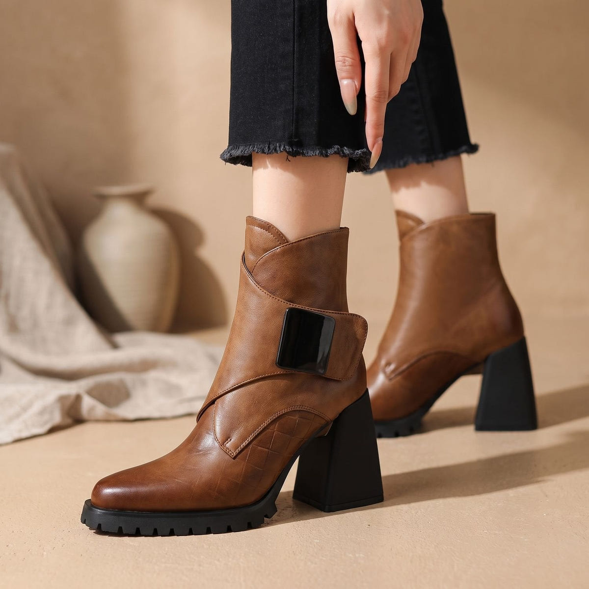 Gilda | Women's Pointed Toe Block Heel Metal Strap Chunky Platform Ankle Boot