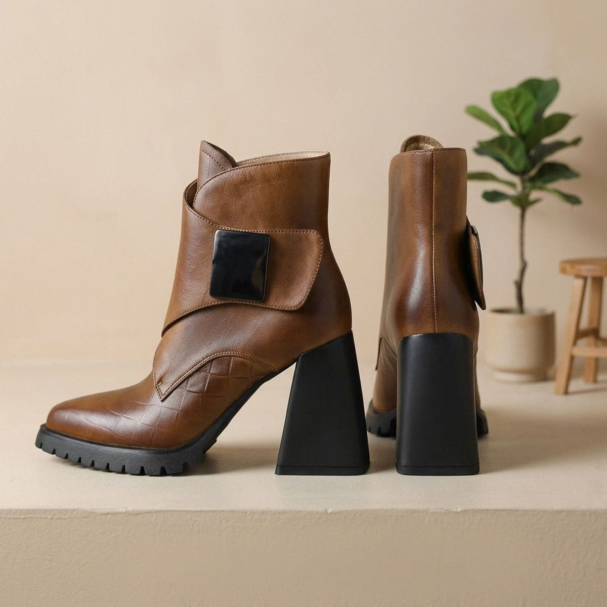 Gilda | Women's Pointed Toe Block Heel Metal Strap Chunky Platform Ankle Boot