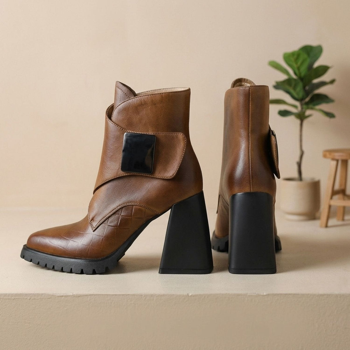 Gilda | Women's Pointed Toe Block Heel Metal Strap Chunky Platform Ankle Boot
