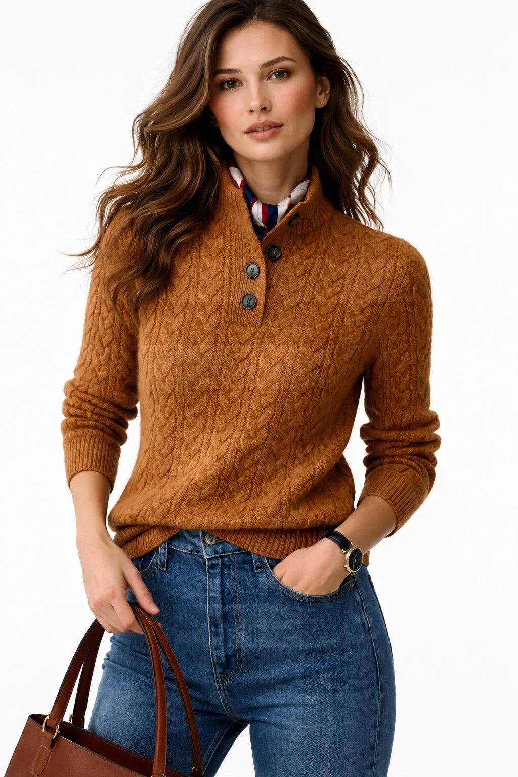 Emmeline | Women's Button Mock Neck Cable Knit Pullover Sweater