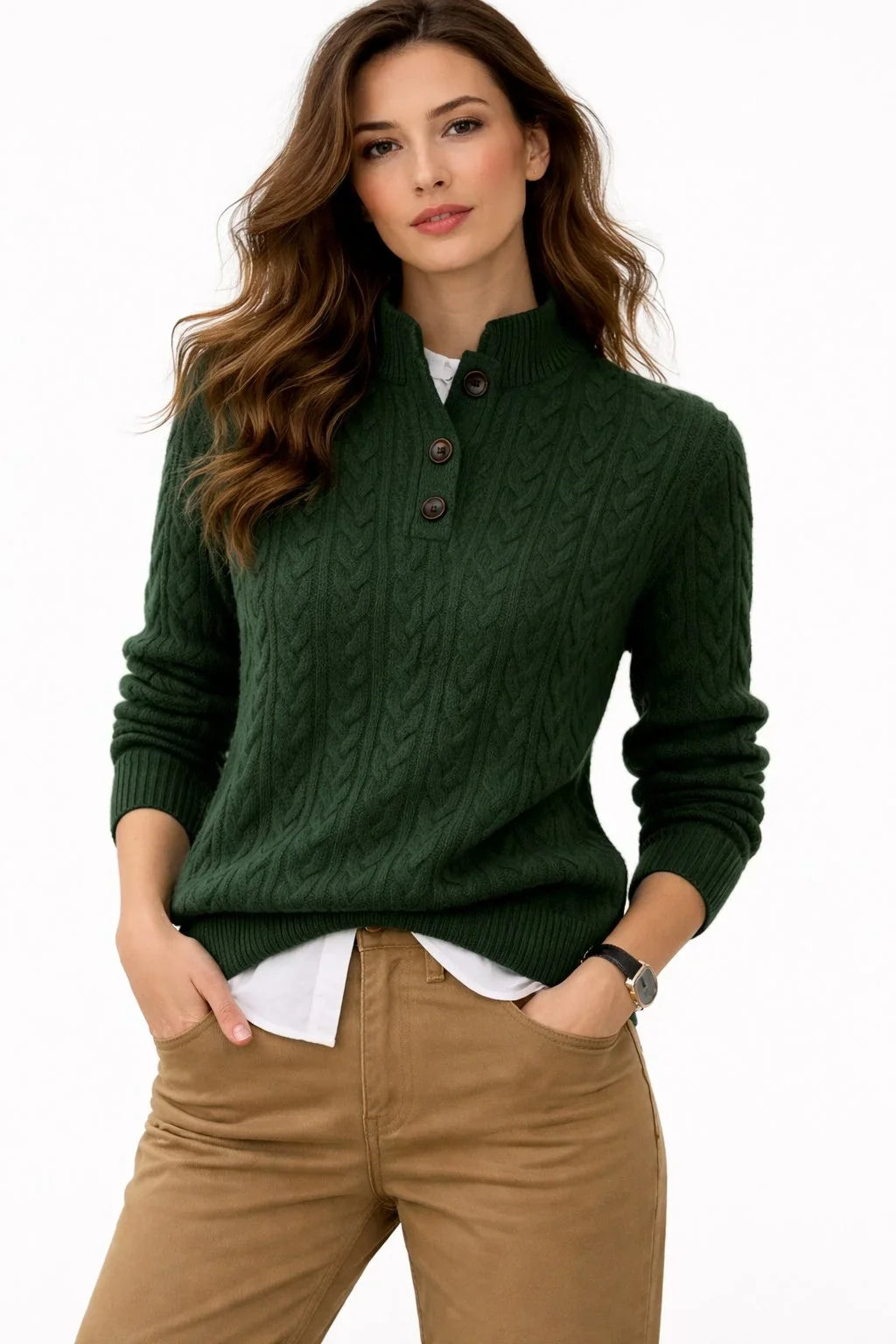 Emmeline | Women's Button Mock Neck Cable Knit Pullover Sweater