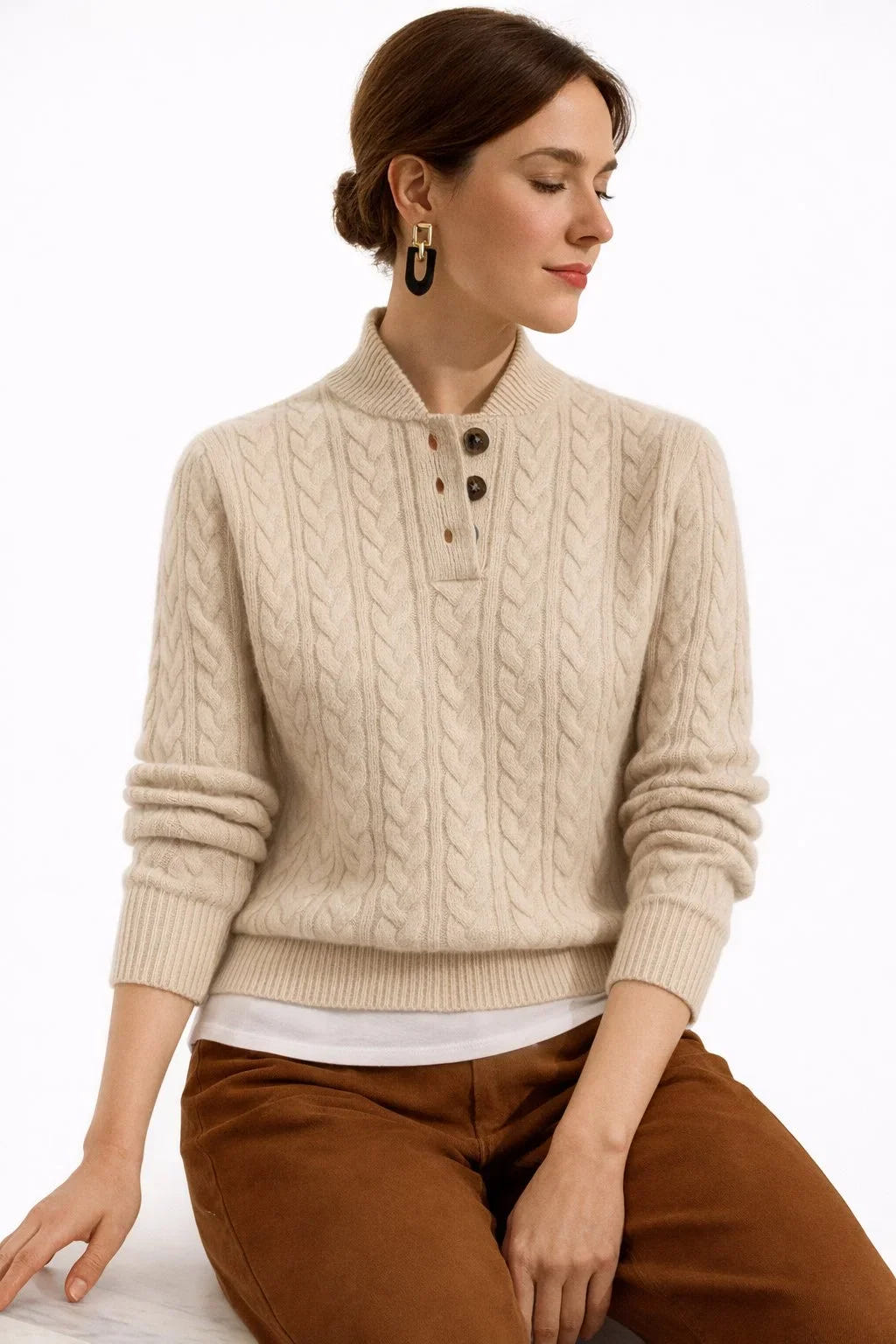 Emmeline | Women's Button Mock Neck Cable Knit Pullover Sweater
