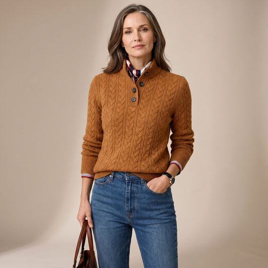 Effie | Women's Button Placket Mock Neck Cable Knit Pullover Sweater