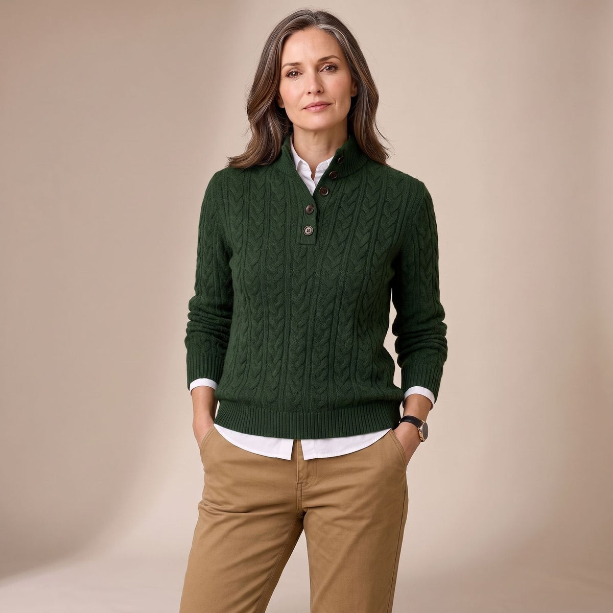 Effie | Women's Button Placket Mock Neck Cable Knit Pullover Sweater