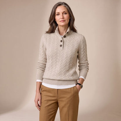 Effie | Women's Button Placket Mock Neck Cable Knit Pullover Sweater