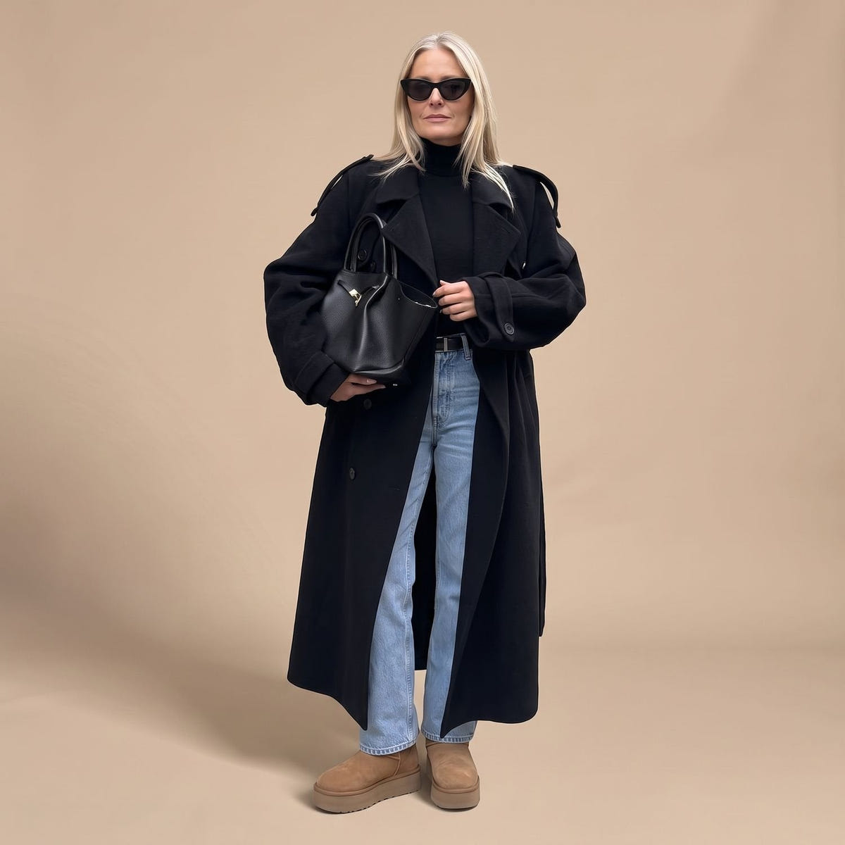 Danielle | Women's Black Oversized Double-Breasted Long Trench Coat