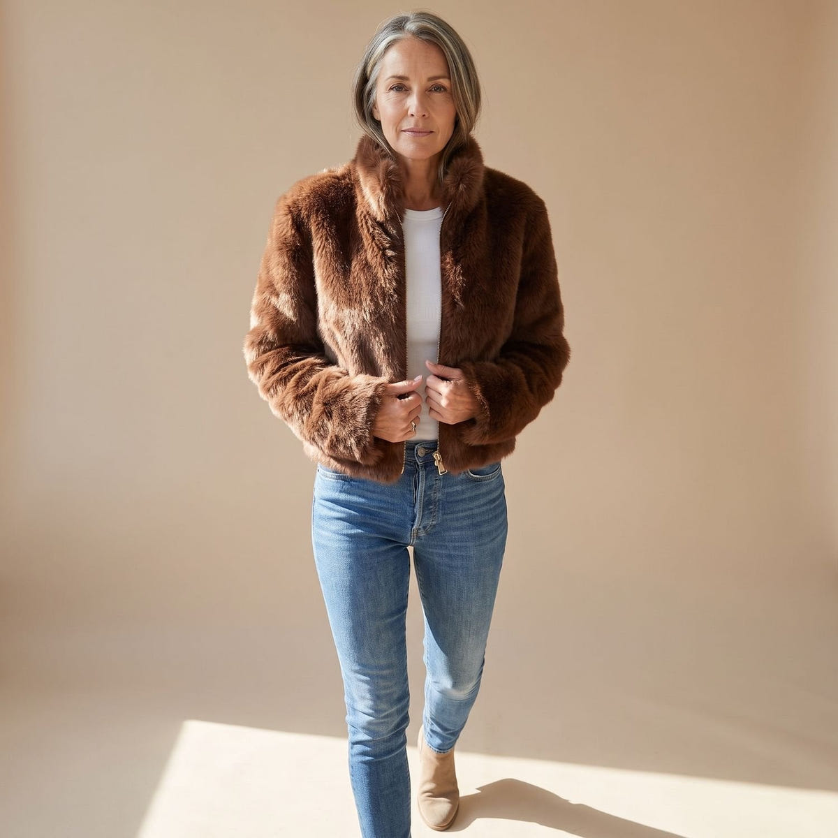 Coretta | Women's Fluffy Zip-Up Stand Collar Cropped Faux Fur Jacket