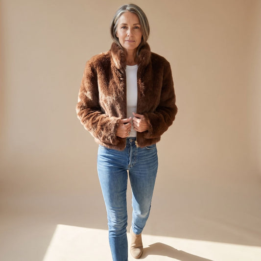 Coretta | Women's Fluffy Zip-Up Stand Collar Cropped Faux Fur Jacket