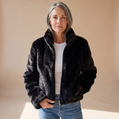 Coretta | Women's Fluffy Zip-Up Stand Collar Cropped Faux Fur Jacket