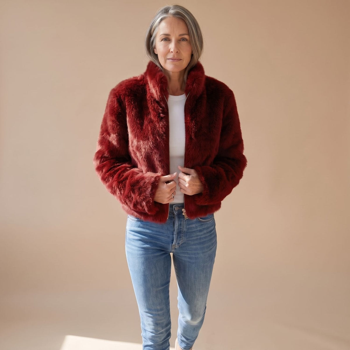 Coretta | Women's Fluffy Zip-Up Stand Collar Cropped Faux Fur Jacket