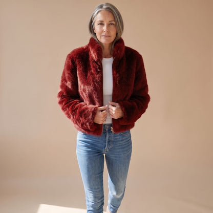 Coretta | Women's Fluffy Zip-Up Stand Collar Cropped Faux Fur Jacket