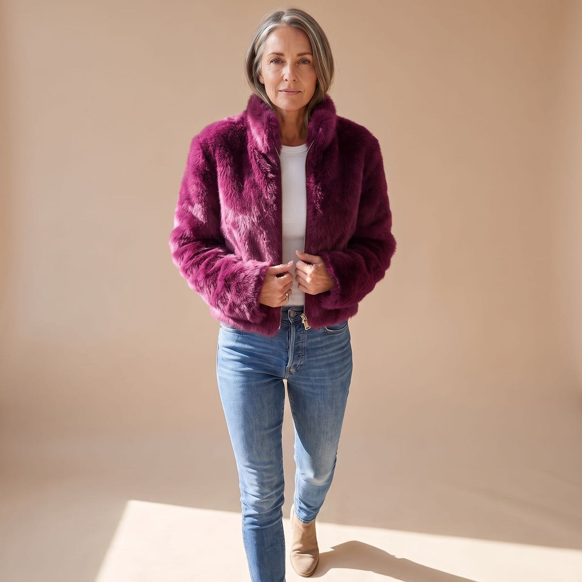 Coretta | Women's Fluffy Zip-Up Stand Collar Cropped Faux Fur Jacket