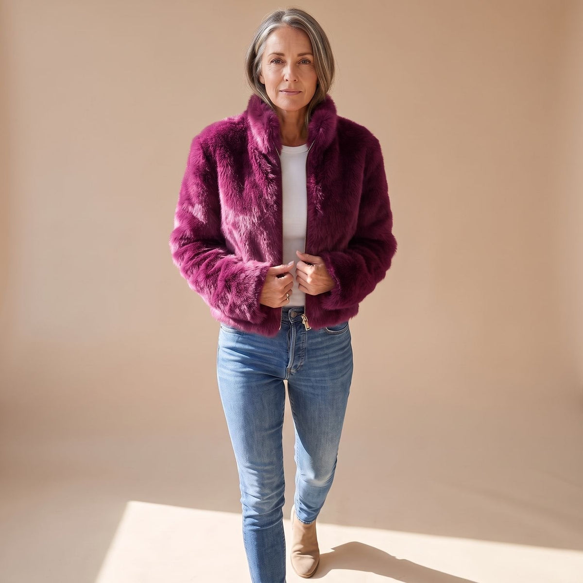 Coretta | Women's Fluffy Zip-Up Stand Collar Cropped Faux Fur Jacket