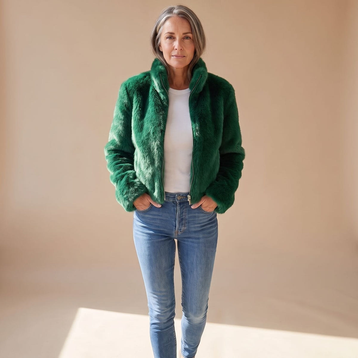 Coretta | Women's Fluffy Zip-Up Stand Collar Cropped Faux Fur Jacket