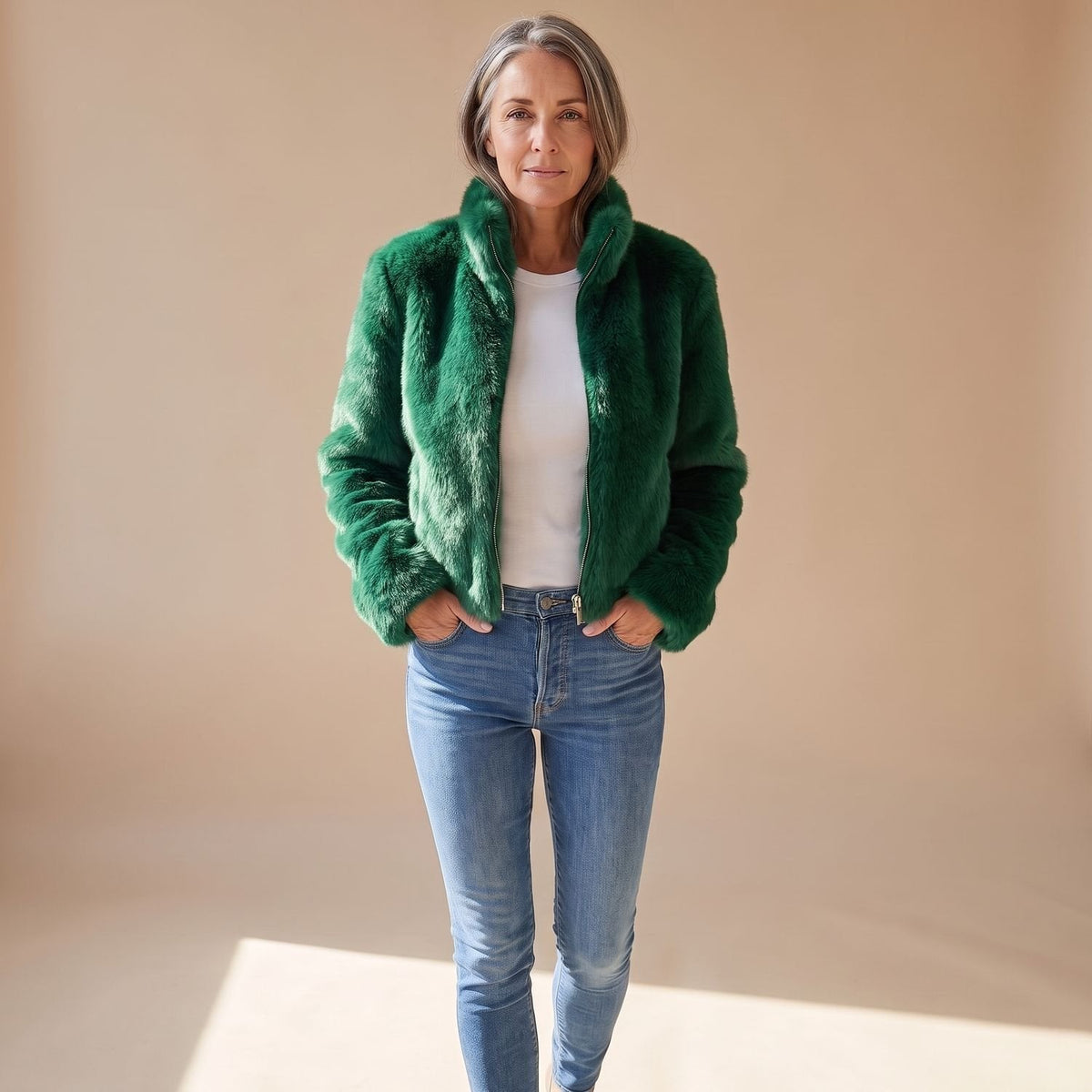 Coretta | Women's Fluffy Zip-Up Stand Collar Cropped Faux Fur Jacket