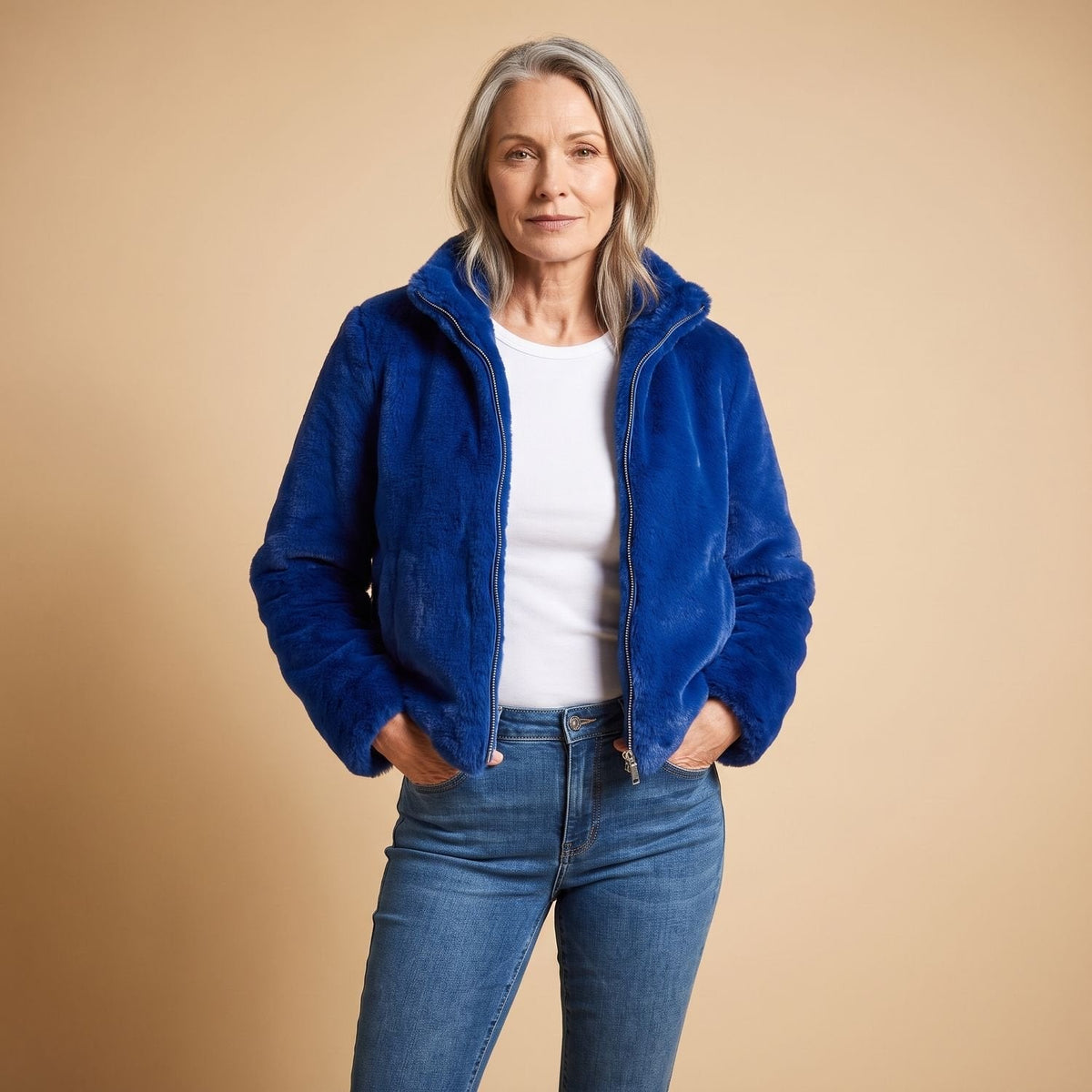 Coretta | Women's Fluffy Zip-Up Stand Collar Cropped Faux Fur Jacket