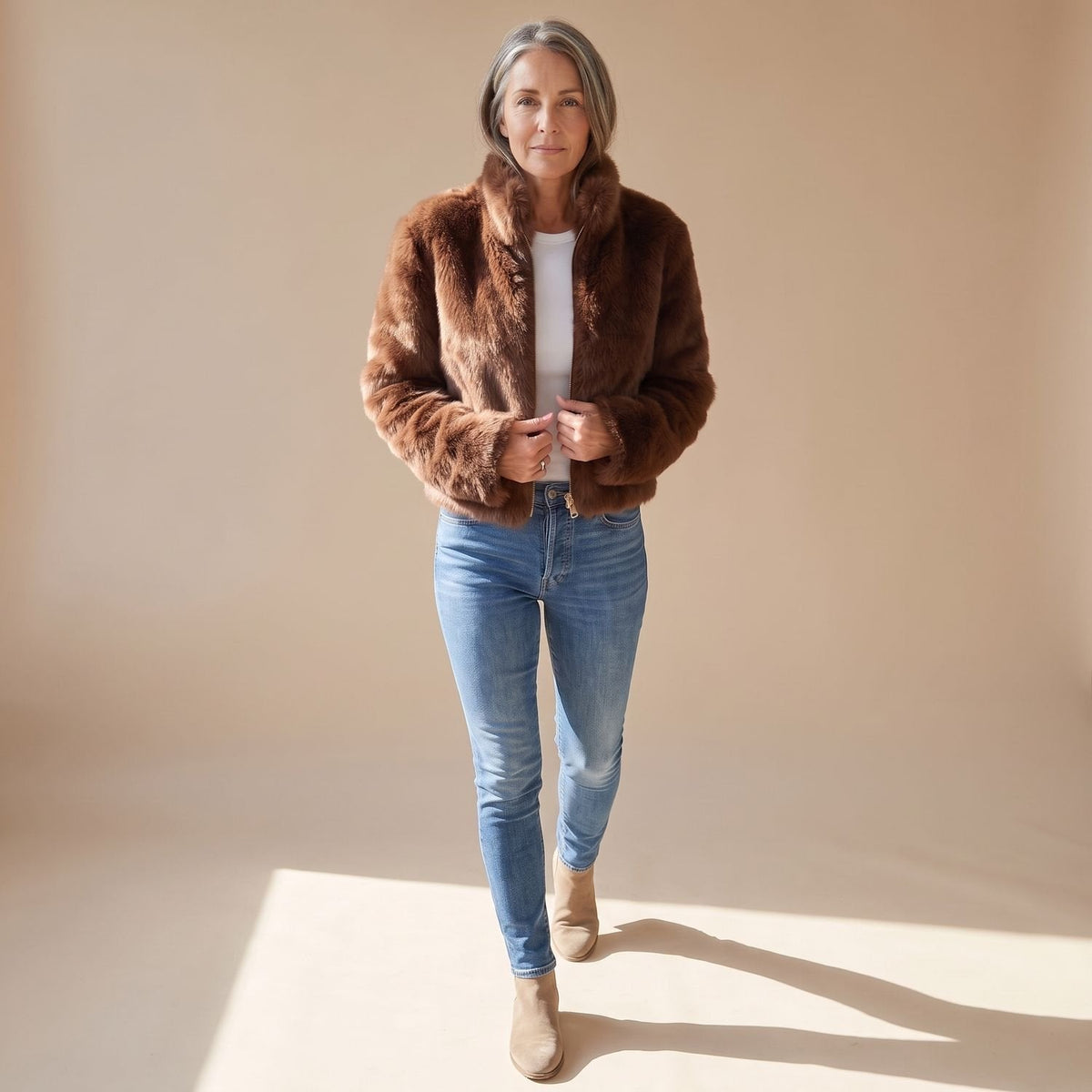 Coretta | Women's Fluffy Zip-Up Stand Collar Cropped Faux Fur Jacket