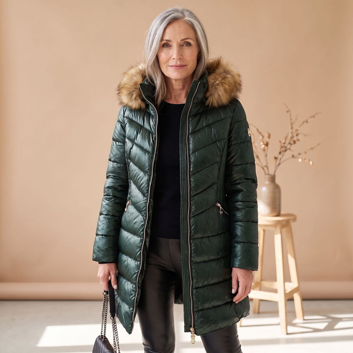 Cheryl | Women's Faux Fur Trim Hooded Quilted Long Puffer Coat