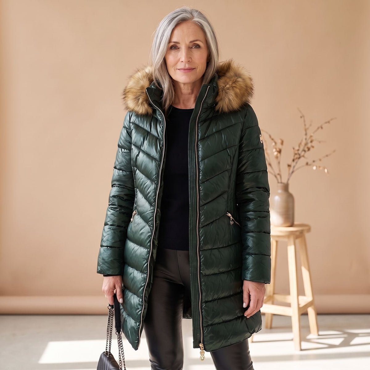 Cheryl | Women's Faux Fur Trim Hooded Quilted Long Puffer Coat