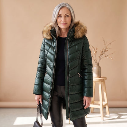 Cheryl | Women's Faux Fur Trim Hooded Quilted Long Puffer Coat