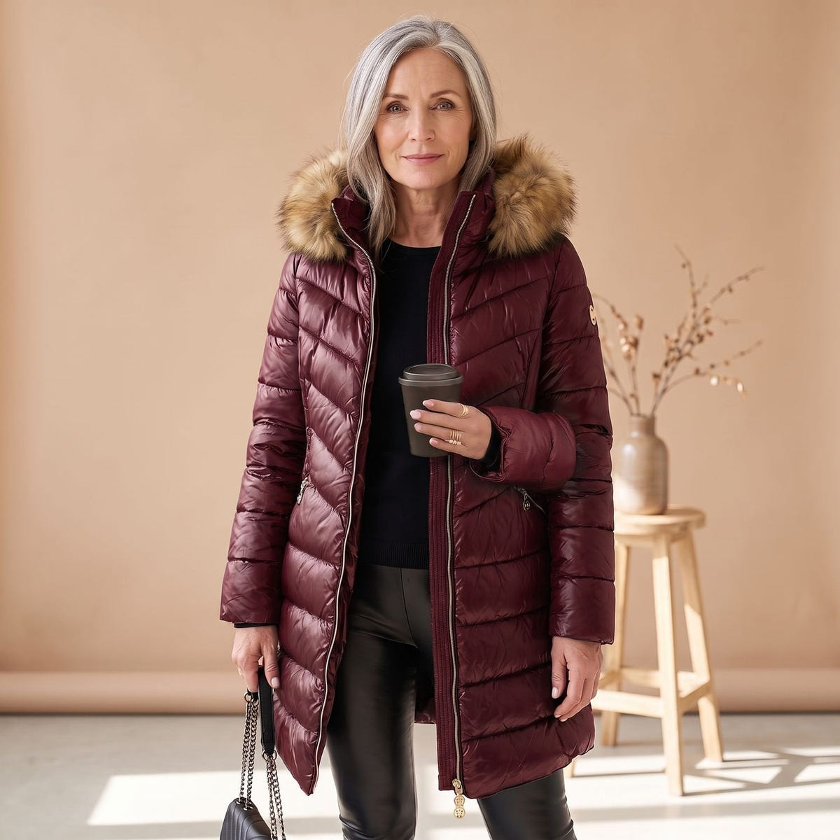 Cheryl | Women's Faux Fur Trim Hooded Quilted Long Puffer Coat