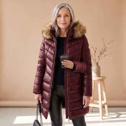 Cheryl | Women's Faux Fur Trim Hooded Quilted Long Puffer Coat