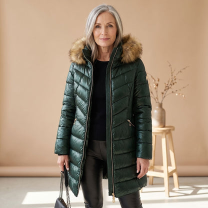 Cheryl | Women's Faux Fur Trim Hooded Quilted Long Puffer Coat