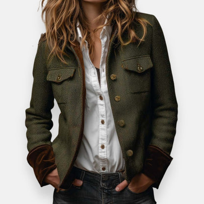 Angela | Women's Army Green Herringbone Military Tweed Jacket