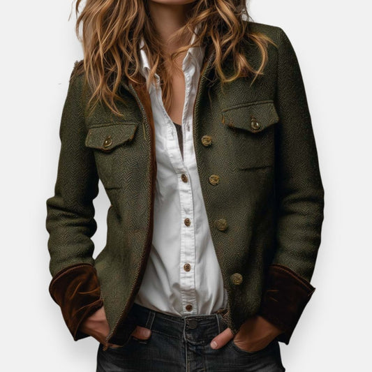 Angela | Women's Army Green Herringbone Military Tweed Jacket
