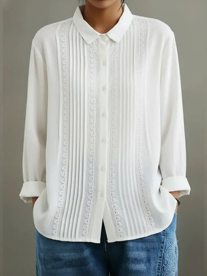 Odile | Women's Fall White Pintuck Lace Collared Button Down Blouse