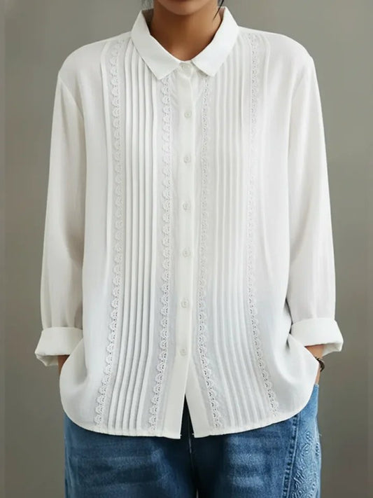 Odile | Women's Fall White Pintuck Lace Collared Button Down Blouse