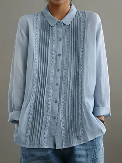 Odile | Women's Fall White Pintuck Lace Collared Button Down Blouse