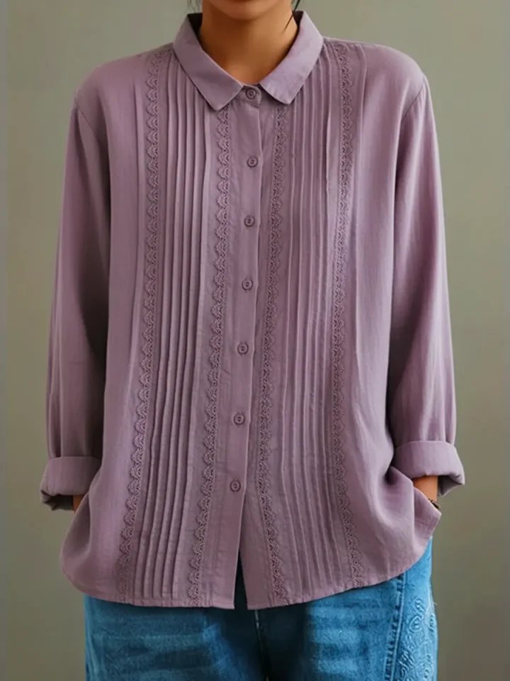 Odile | Women's Fall White Pintuck Lace Collared Button Down Blouse