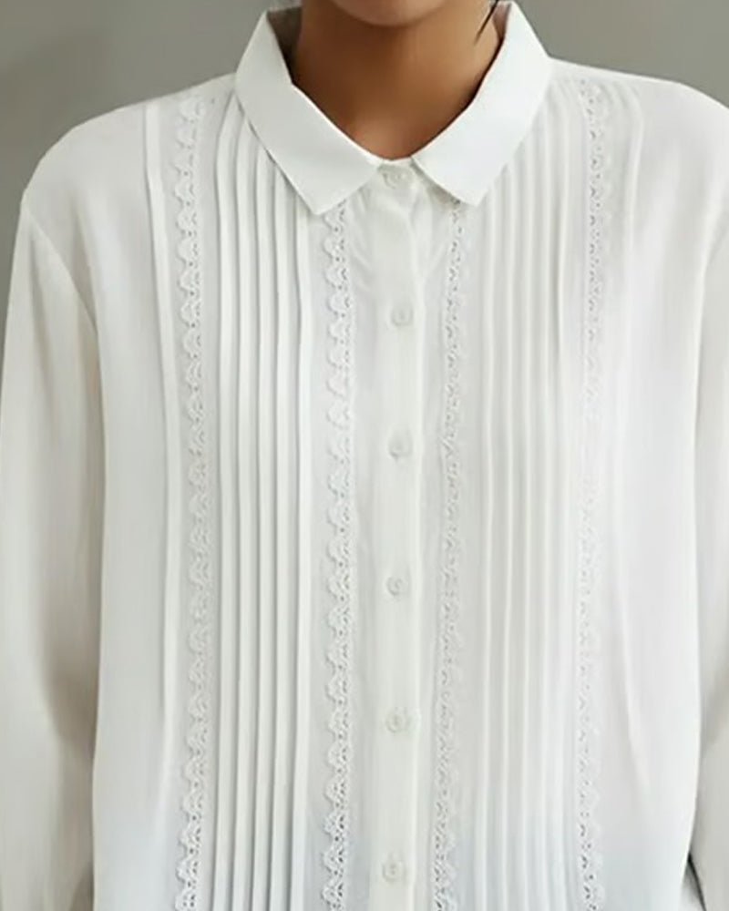 Odile | Women's Fall White Pintuck Lace Collared Button Down Blouse