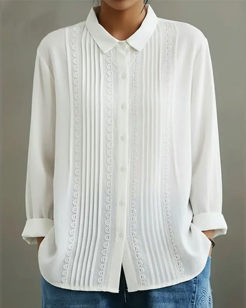 Odile | Women's Fall White Pintuck Lace Collared Button Down Blouse