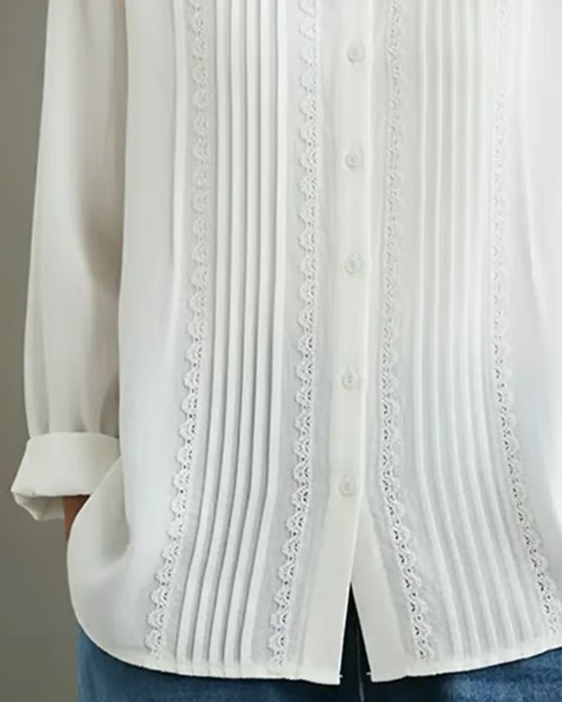Odile | Women's Fall White Pintuck Lace Collared Button Down Blouse