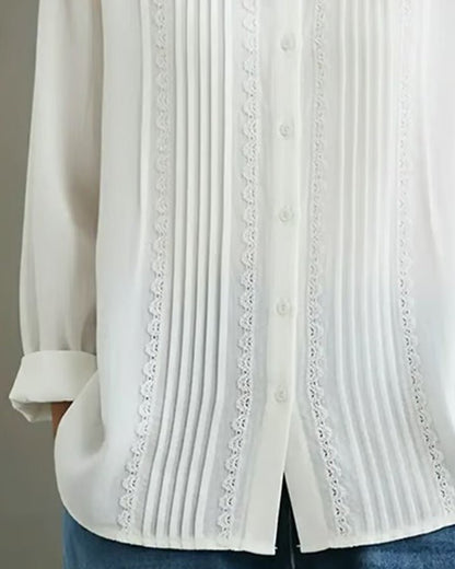 Odile | Women's Fall White Pintuck Lace Collared Button Down Blouse