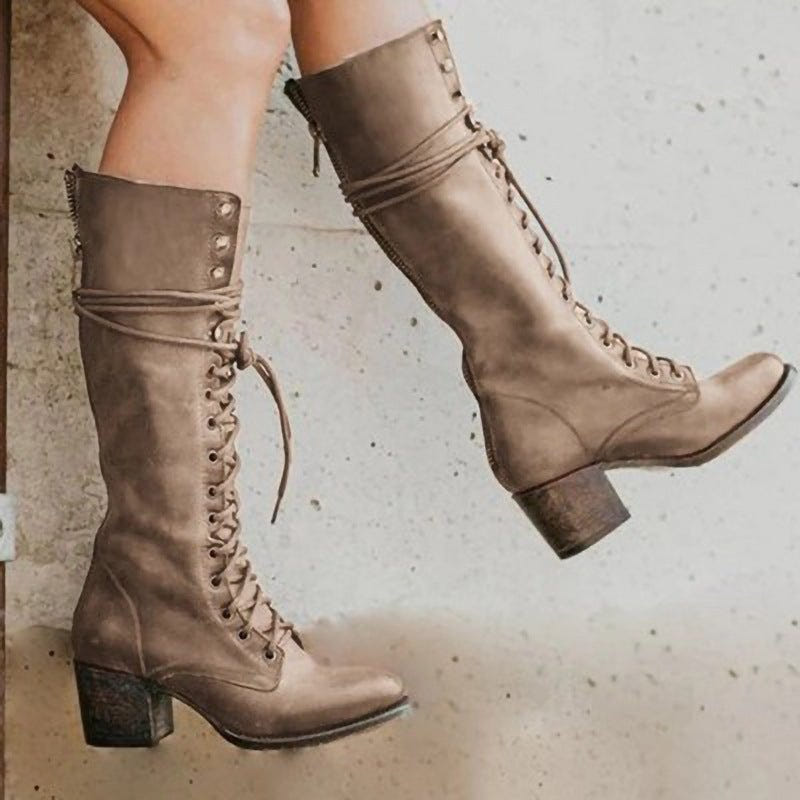 Delaney | Women's Lace-Up Round Toe Block Heel Knee-High Boot