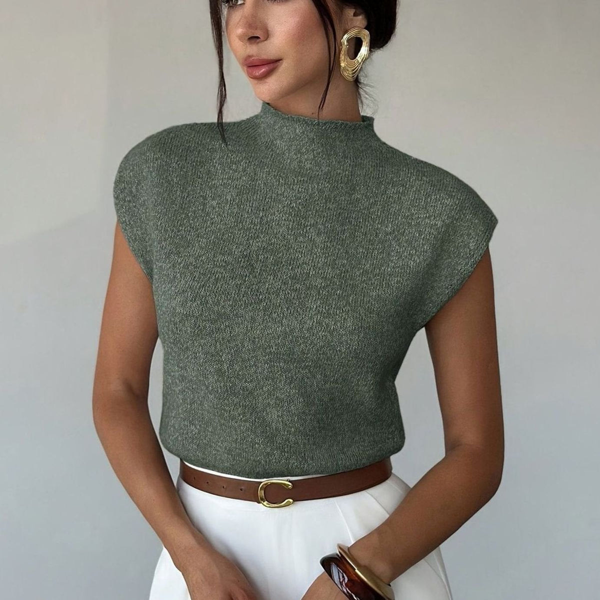 Victoria | Women's Mock Neck Cap Sleeve Knit Pullover Sweater