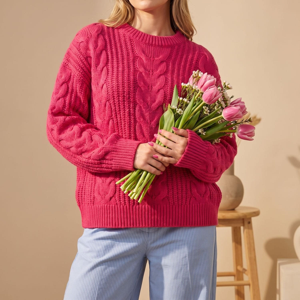 Edna | Women's Oversized Chunky Crew Neck Cable Knit Pullover Sweater