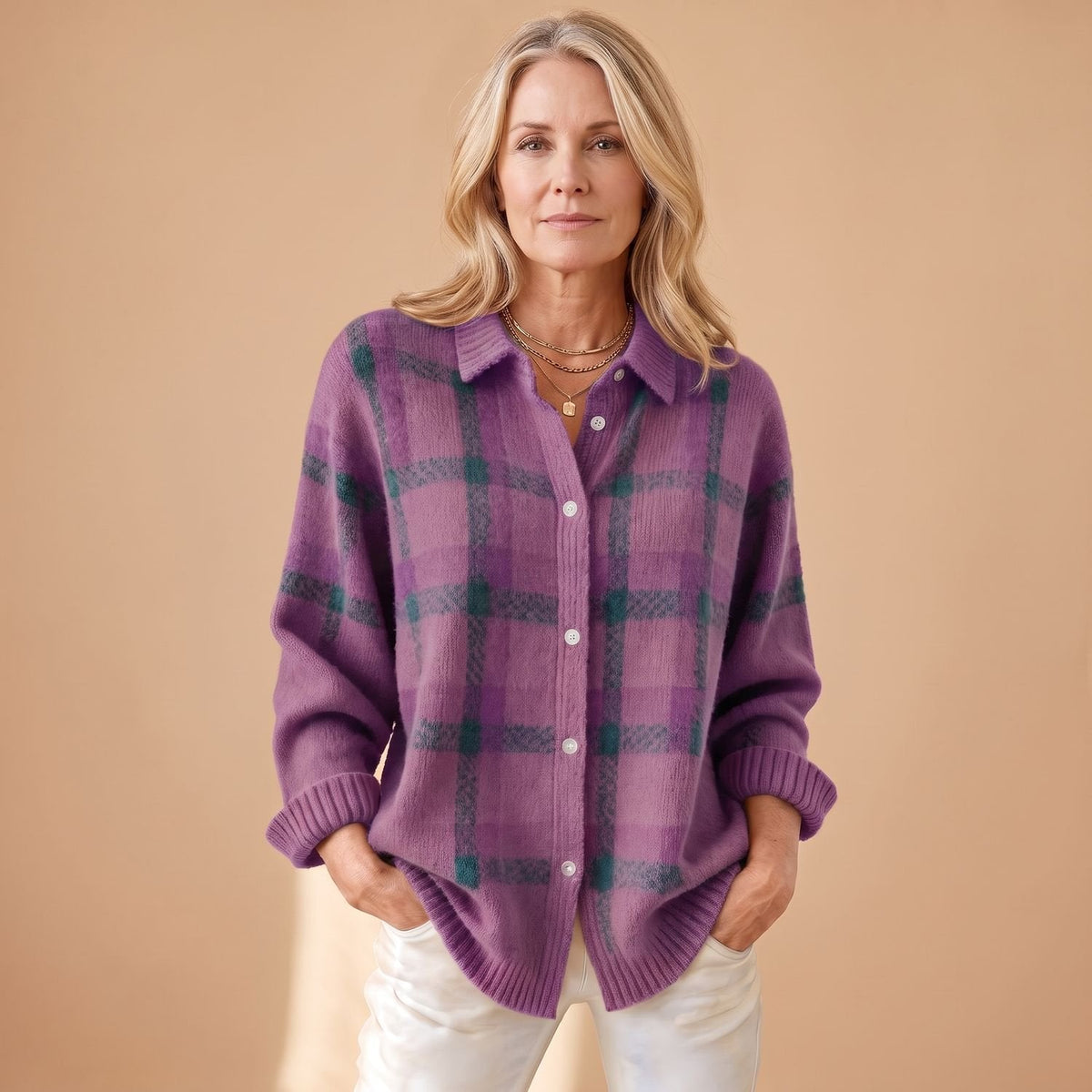 Dolores | Women's Oversized Plaid Collared Button Up Knit Cardigan Sweater