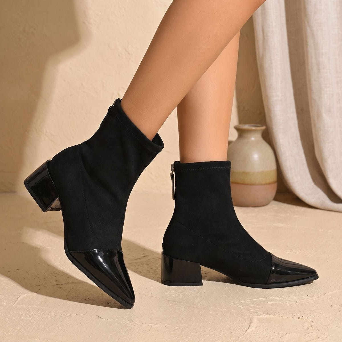 Georgina | Women's Pointed Toe Patent Cap Block Heel Dress Ankle Boot