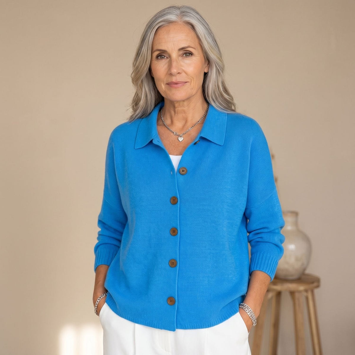 Delia | Women's Polo Collar Relaxed Knit Button Up Cardigan
