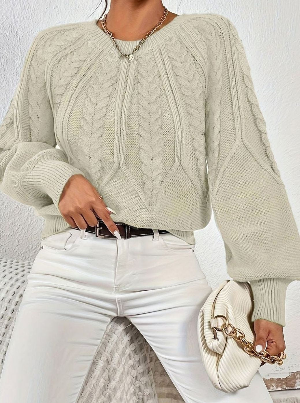Sophia | Women's Relaxed Lantern Sleeve Cable Knit Pullover Sweater