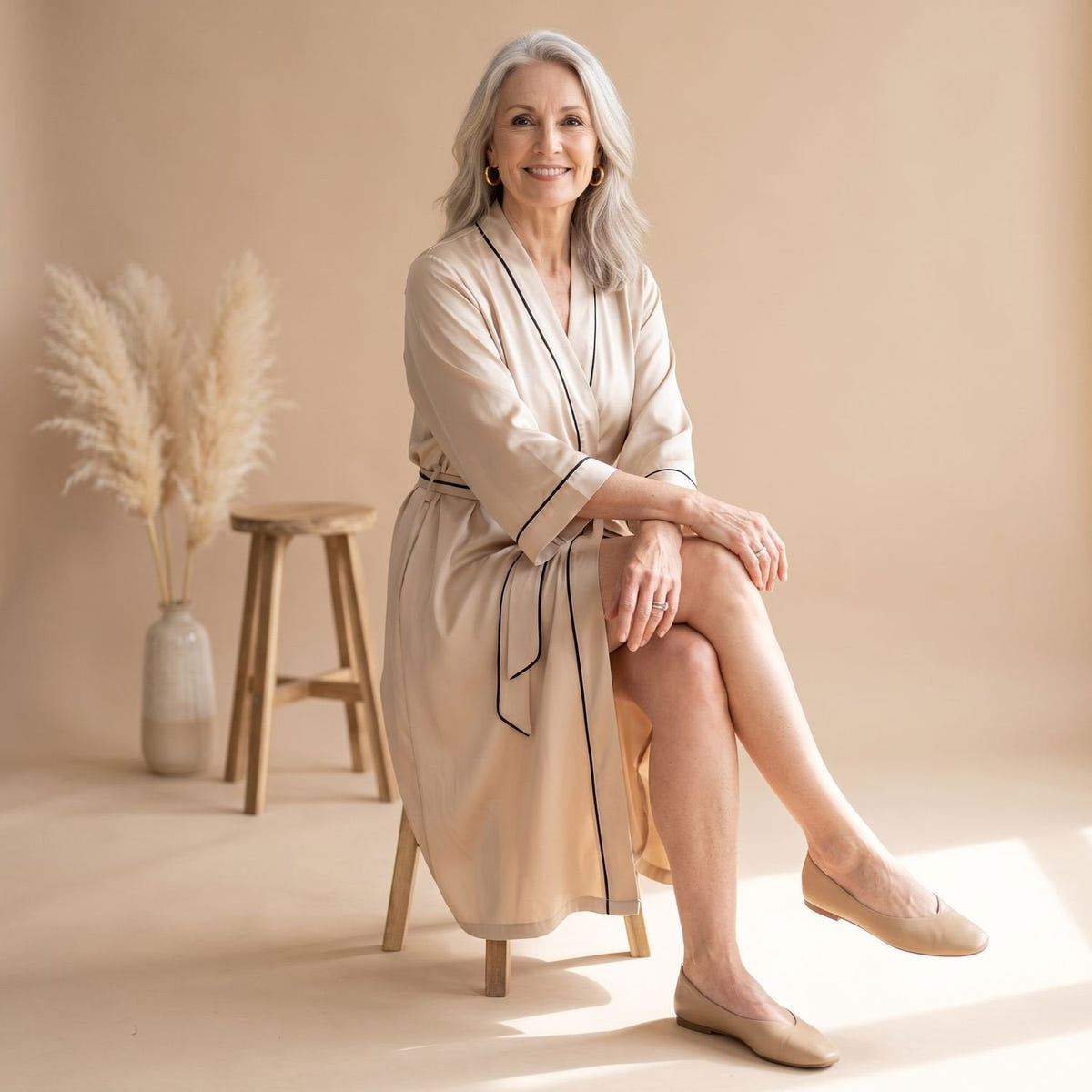 Coco | Women's Satin Long Sleeve Shawl Collar Contrast Piping Belted Robe